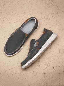 Men Stitching Detail Slip-on Boat Shoes, Casual Outdoor Canvas Loafers - Grey - View 5