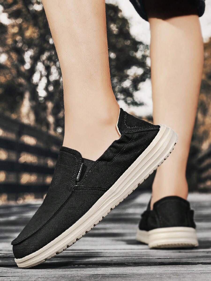 Men Letter Patch Decor Slip-on Loafers, Casual Outdoor Canvas Loafers - Black - View 1