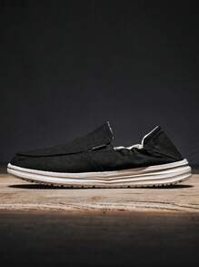 Men Letter Patch Decor Slip-on Loafers, Casual Outdoor Canvas Loafers - Black - View 2