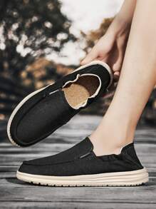 Men Letter Patch Decor Slip-on Loafers, Casual Outdoor Canvas Loafers - Black - View 3