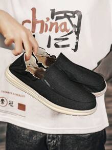 Men Letter Patch Decor Slip-on Loafers, Casual Outdoor Canvas Loafers - Black - View 5