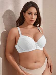 Women's Plus Size White Fabric Bra With Romantic Contrast Lace Details Medium Stretch Plain Design - White - View 4