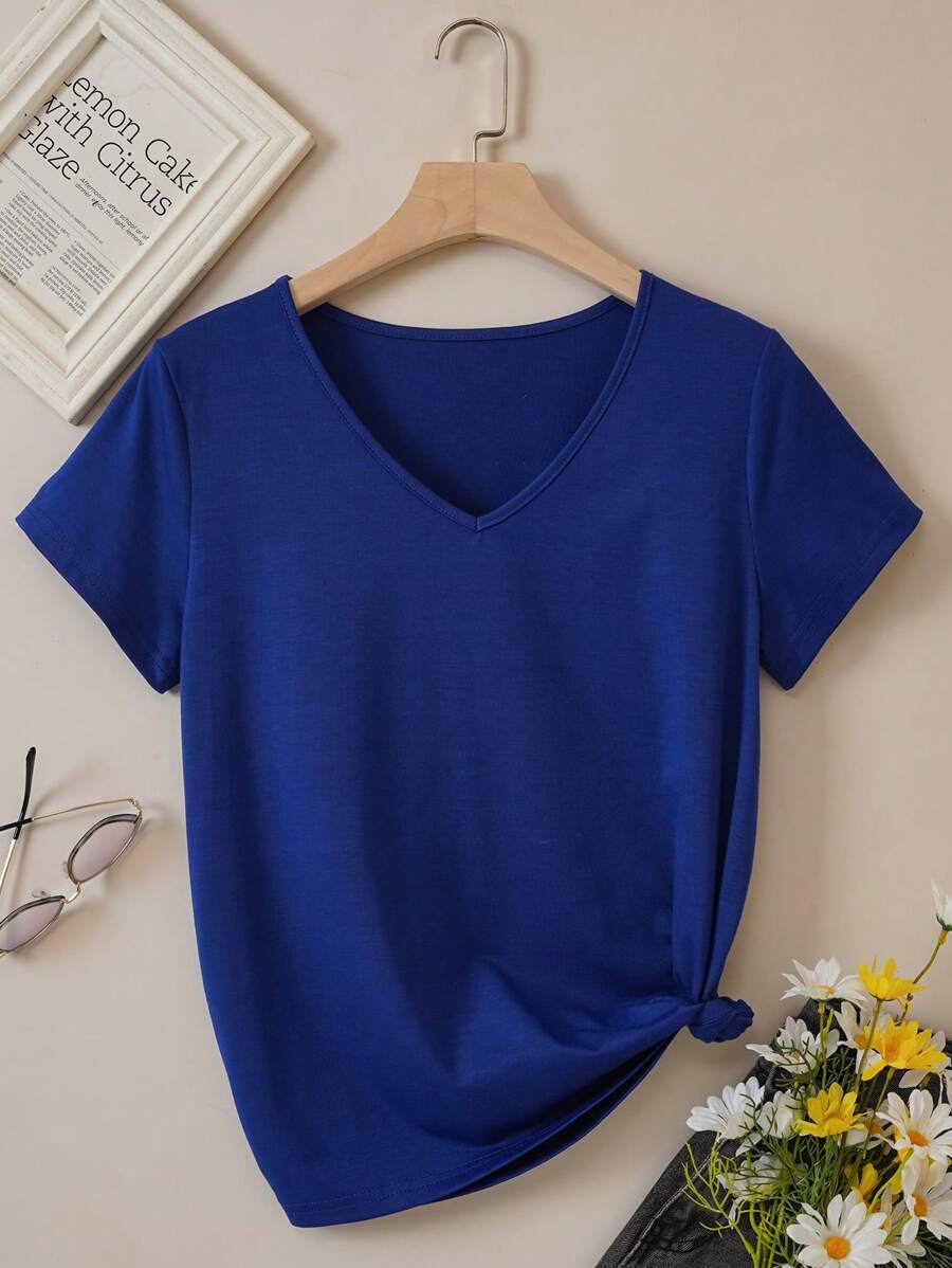 INAWLY Áo thun nữ màu trơn Giải trí - Xanh đậm - Xem 1