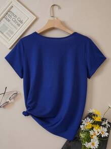 INAWLY Áo thun nữ màu trơn Giải trí - Xanh đậm - Xem 2