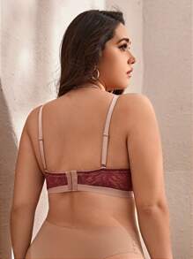 Plus Floral Lace Underwire Bra - Burgundy - View 2