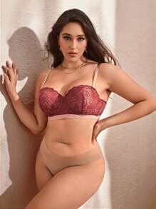 Plus Floral Lace Underwire Bra - Burgundy - View 4