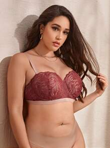 Plus Floral Lace Underwire Bra - Burgundy - View 5