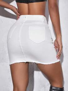 SHEIN PETITE 破洞毛邊牛仔半身裙 - 白色 - 查看 2