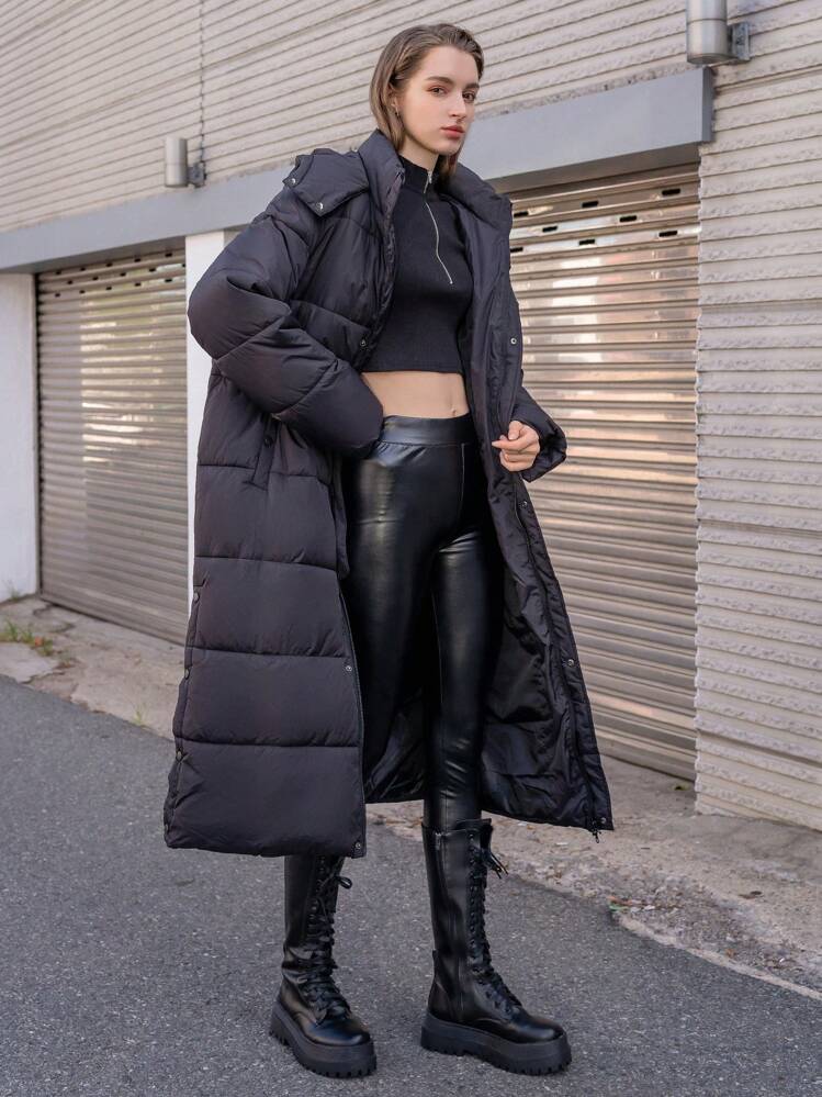 DAZY Women Black Winter Casual Occasion Longline Padded Coat,Slant