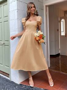 SHEIN Frenchy Square Neck Ruffle Trim A-line Dress - Khaki - View 1