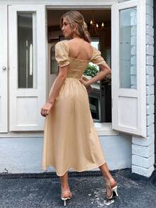 SHEIN Frenchy Square Neck Ruffle Trim A-line Dress - Khaki - View 2