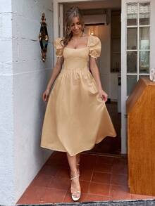 SHEIN Frenchy Square Neck Ruffle Trim A-line Dress - Khaki - View 4