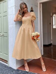 SHEIN Frenchy Square Neck Ruffle Trim A-line Dress - Khaki - View 6