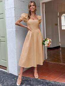 SHEIN Frenchy Square Neck Ruffle Trim A-line Dress - Khaki - View 7