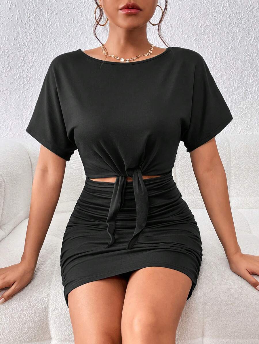 INAWLY Solva Cut Out Knot Front Ruched Batwing Sleeve Dress - Black - View 1