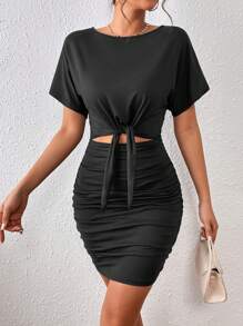 INAWLY Solva Cut Out Knot Front Ruched Batwing Sleeve Dress - Black - View 4