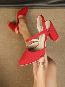 Fashion Red Pumps For Women, Point Toe Chunky Heeled Slingback Pumps - Red - View 1