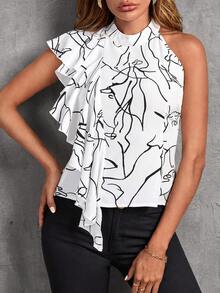 SHEIN Clasi Áo sơ mi nữ Bất đối xứng Xù Tất cả trên in Giải trí - Đen và trắng - Xem 5