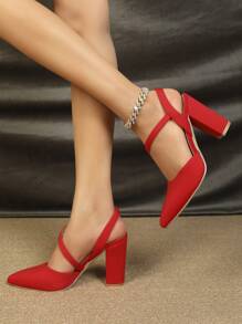 Fashion Red Pumps For Women, Point Toe Chunky Heeled Slingback Pumps - Red - View 2