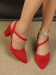 Fashion Red Pumps For Women, Point Toe Chunky Heeled Slingback Pumps - Red - View 4