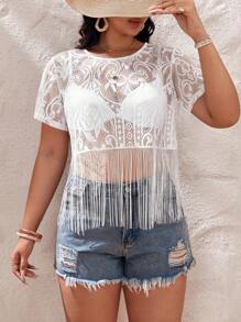 SHEIN VCAY áo nữ kích thước lớn mép cắt màu trơn Gợi cảm - trắng - Xem 5