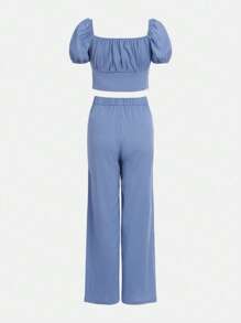 SHEIN Teen Girls Puff Sleeve Crop Top & Wide Leg Pants - Dusty Blue - View 2