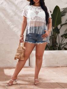 SHEIN VCAY áo nữ kích thước lớn mép cắt màu trơn Gợi cảm - trắng - Xem 6