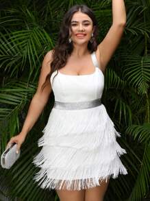 Double Crazy Plus Size Women Summer Concert Party Dress, Elegant Design With Metallic Tape, Fringe Trim Hem And Spaghetti Straps - White - View 1