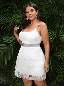 Double Crazy Plus Size Women Summer Concert Party Dress, Elegant Design With Metallic Tape, Fringe Trim Hem And Spaghetti Straps - White - View 4
