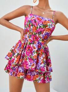 Soleia 印花後背繫帶二層下擺吊帶連體短褲 - 彩色 - 查看 1