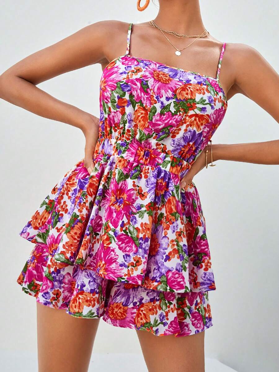 Soleia 印花後背繫帶二層下擺吊帶連體短褲 - 彩色 - 查看 1