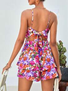 Soleia 印花後背繫帶二層下擺吊帶連體短褲 - 彩色 - 查看 2
