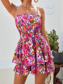 Soleia 印花後背繫帶二層下擺吊帶連體短褲 - 彩色 - 查看 5