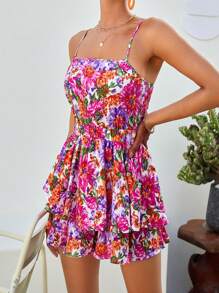 Soleia 印花後背繫帶二層下擺吊帶連體短褲 - 彩色 - 查看 6