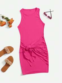 SHEIN Essnce Plus Solid Knot Side Bodycon Dress - Hot Pink - View 1