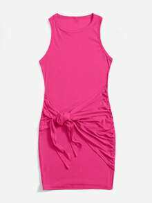 SHEIN Essnce Plus Solid Knot Side Bodycon Dress - Hot Pink - View 5