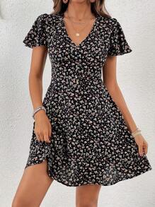 SHEIN VCAY Ditsy Floral Print Butterfly Sleeve Dress - Multicolor - View 3