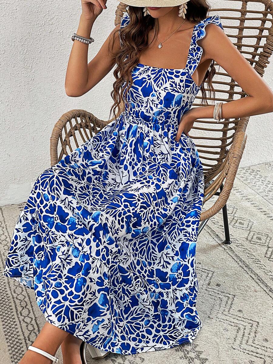 SHEIN VCAY Plants Print Ruffle Trim Dress - Blue and White - View 1