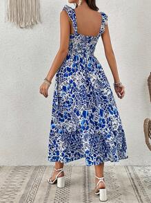 SHEIN VCAY Plants Print Ruffle Trim Dress - Blue and White - View 2