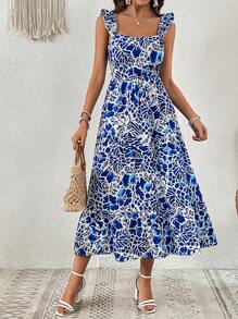 SHEIN VCAY Plants Print Ruffle Trim Dress - Blue and White - View 5