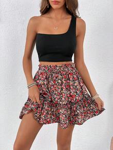SHEIN VCAY One Shoulder Crop Top & Floral Print Ruffle Hem Skirt - Multicolor - View 5