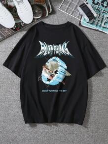 Manfinity Roghcode Hombres Camiseta de hombros caídos con estampado de figura - Negro - Ver 4