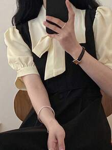 Vestido 2 en 1 en contraste de cuello con cordón - Negro - Ver 3