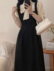 Vestido 2 en 1 en contraste de cuello con cordón - Negro - Ver 4