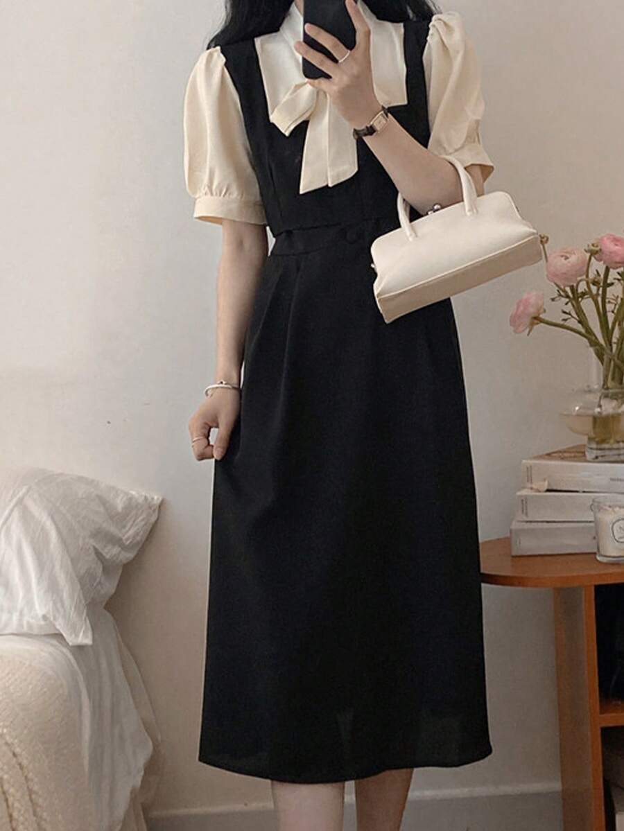 Vestido 2 en 1 en contraste de cuello con cordón - Negro - Ver 1