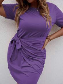 Calvaya Đầm Plus Size Thắt nút Thắt nơ trước màu trơn Giải trí - Màu tím - Xem 4