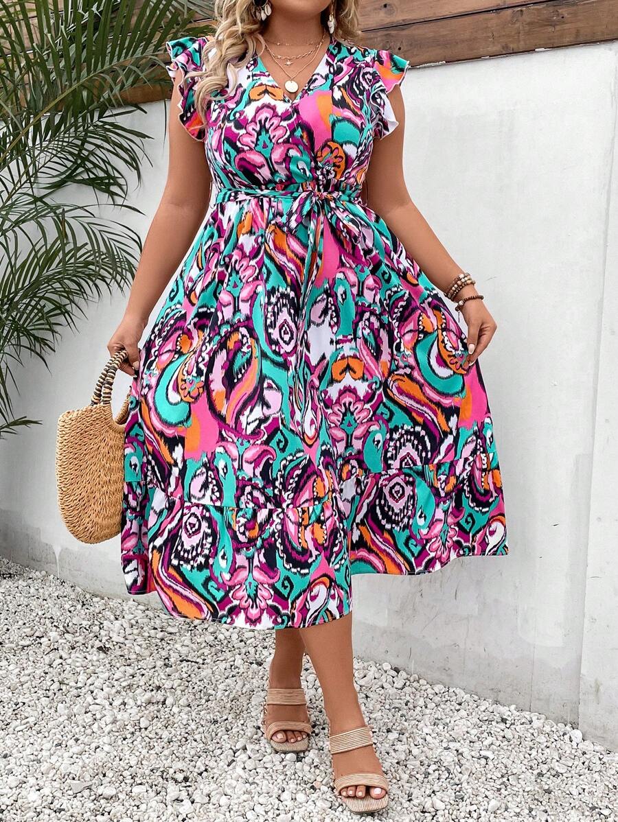 Đầm Plus Size Xù Viên lá sen Trọn gói Bộ lạc Boho - màu xanh lá - Xem 1