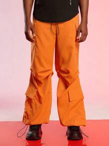 ROMWE MEN Street Life Guys Flap Pocket Side Drawstring Waist Cargo Trousers - Burnt Orange - View 1