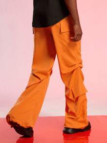 ROMWE MEN Street Life Guys Flap Pocket Side Drawstring Waist Cargo Trousers - Burnt Orange - View 2