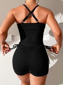 SHEIN Swim Summer Beach Drawstring Side Tankini - Black - View 2